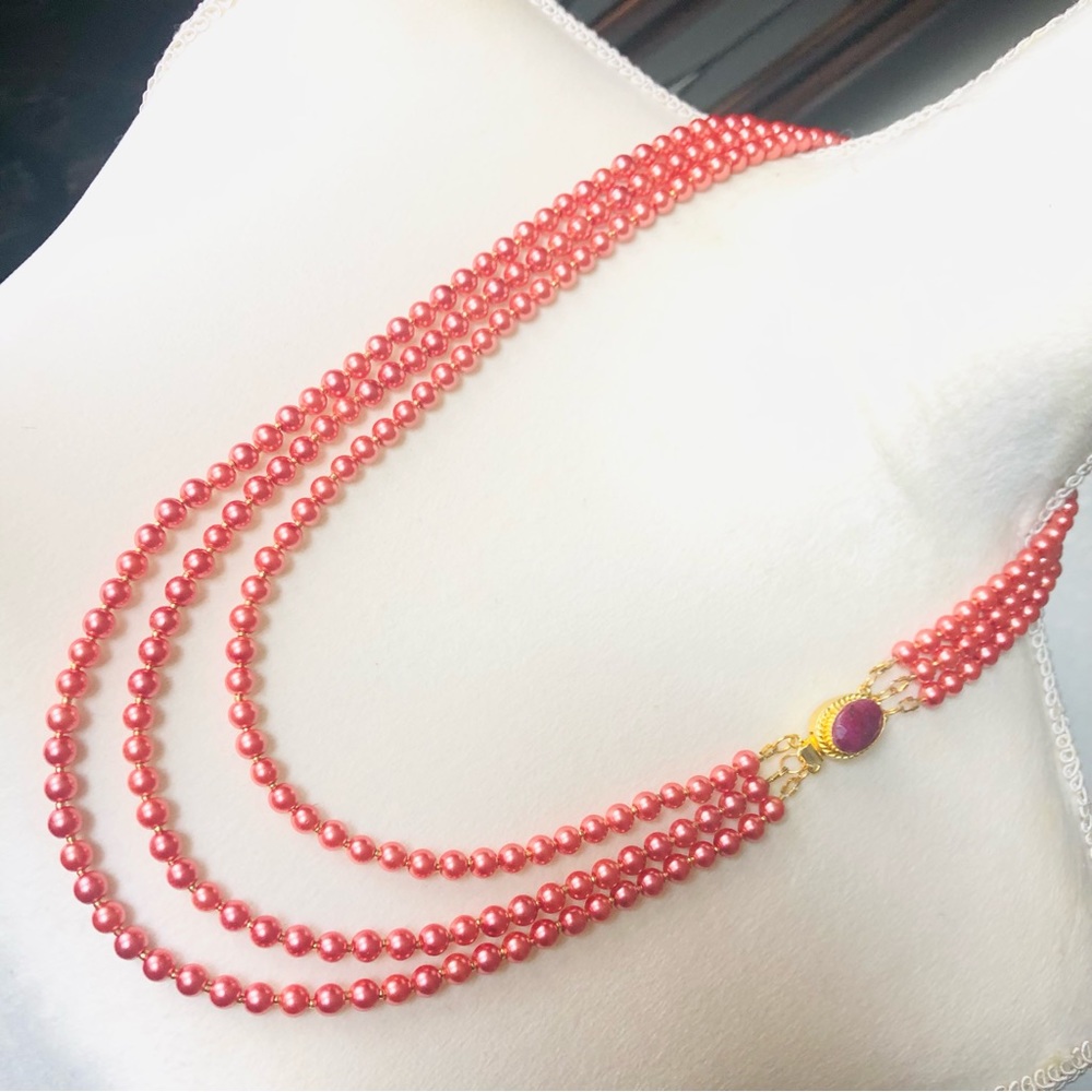 Handcrafted triple strand rose Czech glass pearl genuine ruby box clasp necklace